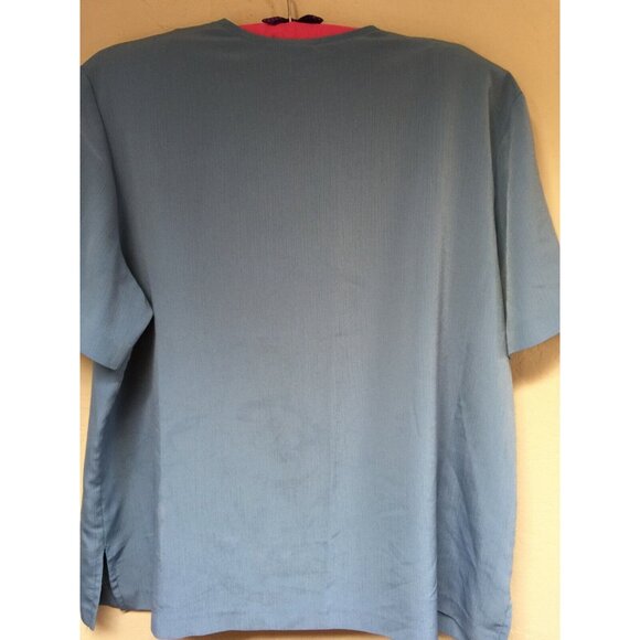 Vintage GW Division of Graff XL Blue V-Neck Button-Down Crinkle Top Short Sleeve - Picture 2 of 9